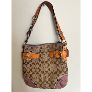 Vintage Coach Handbag with Leather Handle and Purple Suede Accents